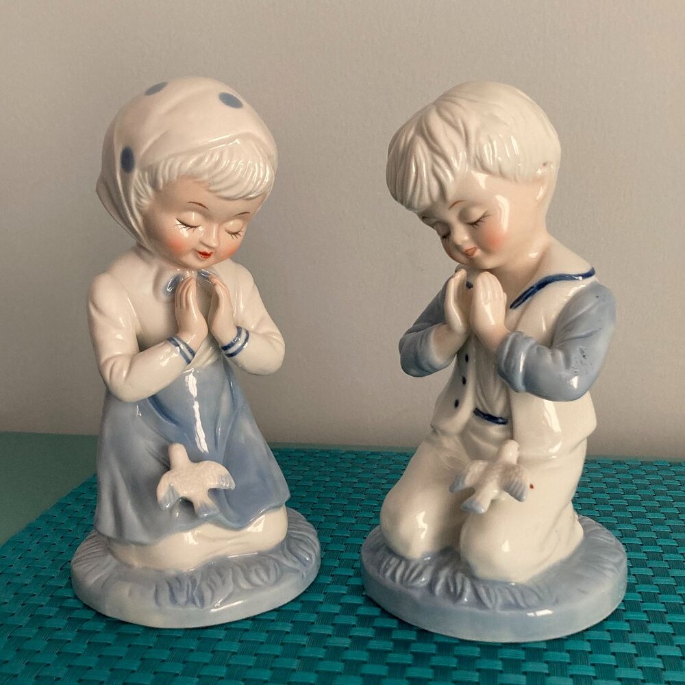 Vintage Praying Boy and Girl with Doves Porcelain Figurines Set of Two EUC